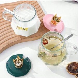 02 Tasse Avec Couronne + Petite Cuillère- En Verre