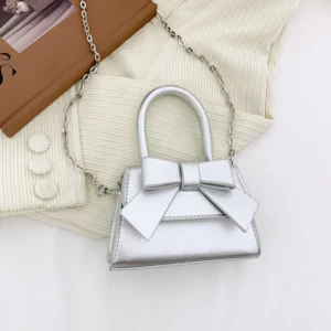 Nouvelle boutique enfants portent couleur unie nœud en cuir Pu princesse épaule Messenger sacs à main pour les filles - Argent